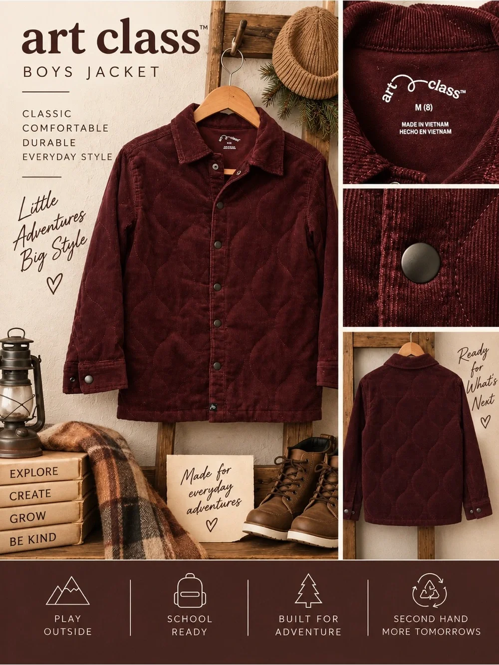 Art Class Boys Quilted Corduroy Jacket Burgundy Size 8 Snap Front